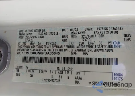 2023 Ford Escape Active из США, поврежденный, VIN 1FMCU0GN8PUA35645